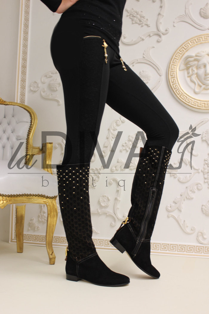Napoleoni ~ Italy suede boots with golden rivets laser cut black